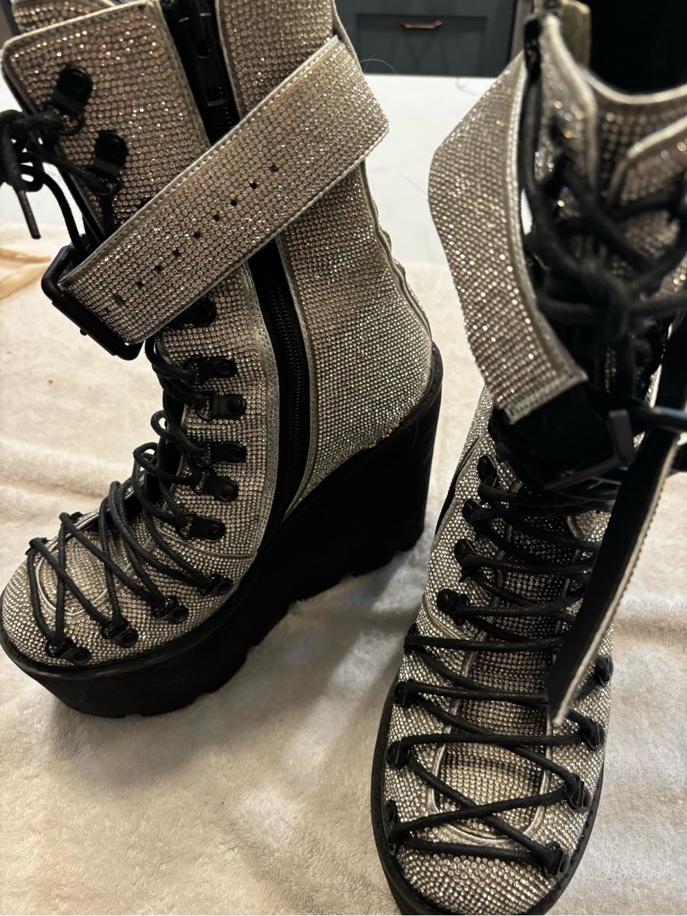 Dolls Kill Silver Glitter Traitor Lace-Up Platform Boots with Black Soles